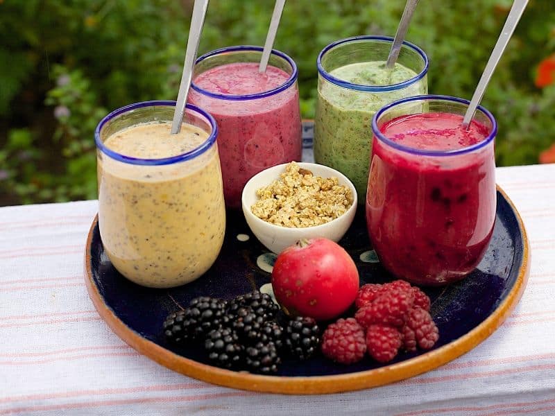 Tray with fruit smoothies