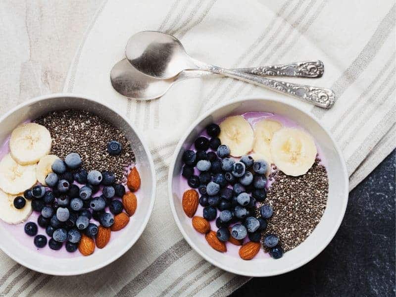 Bowl of yogurt with bananas, blueberries and chia seeds